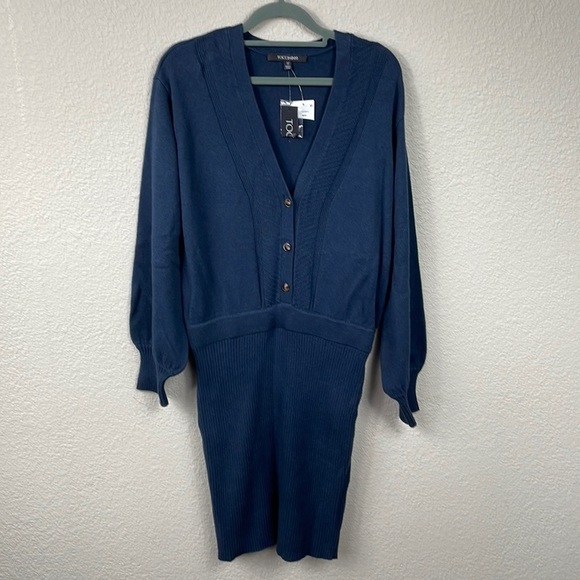 NWT Toccin NY Felicity Cardigan Button Sweater Dress Rib Knit Midnight Blue Sz M - Picture 1 of 10